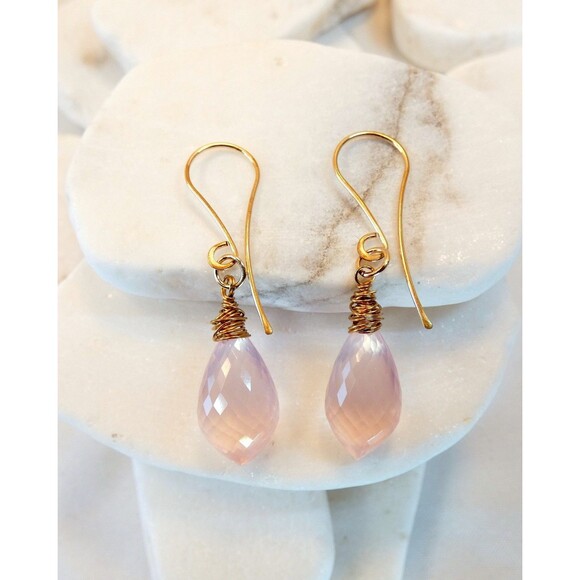 Natural Rose Quartz Micro Faceted Gold Fill Dangle Drop Earrings Handmade AAA - Picture 4 of 6